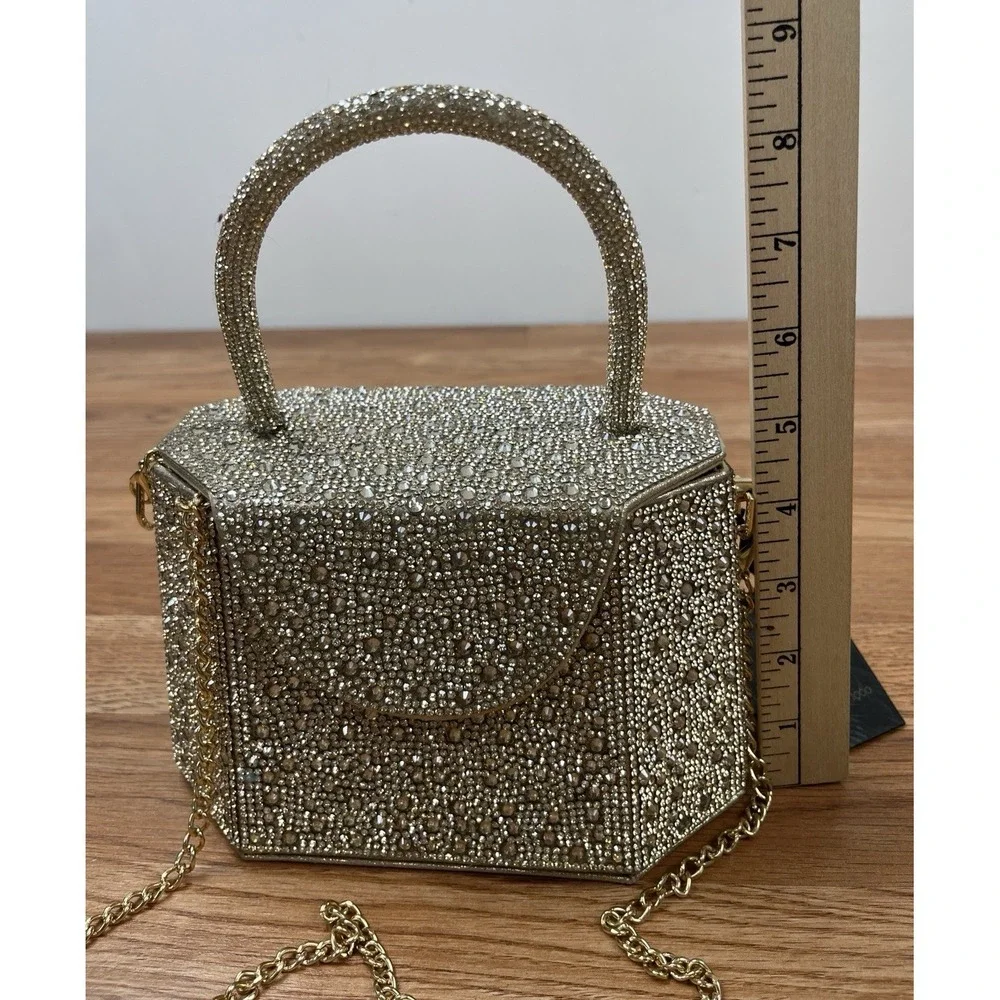 House of Harlow 1960 Champagne Rhinestone Evening Bag, Removable Strap NEW